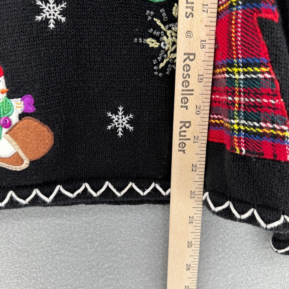 90s Reference Point Holiday Snowman Christmas Tree Cardigan Sweater Black M VTG - Picture 5 of 10